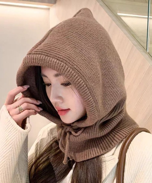 TONE SELECT GOODS(トーンセレクトグッズ)の「【urge select】リブニット バラクラバ ニット帽/ネックウォーマー【7色展開】(ニットキャップ/ビーニー・レディース・ベージュ/ブラウン/グリーン/レッド/ホワイト/ブラック/グレー・FREE)」の4枚目の写真