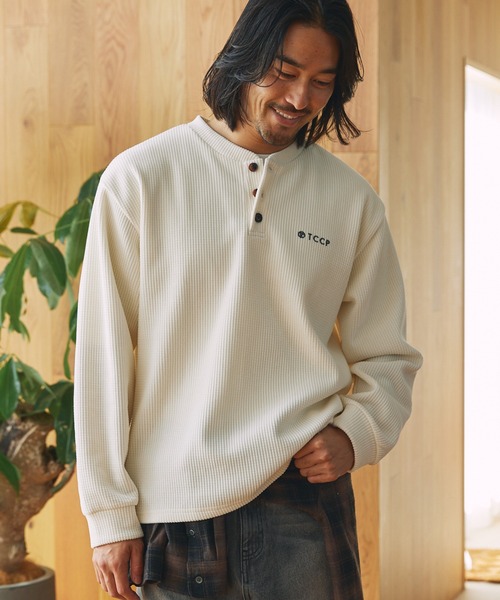 たまごん handvaerk Mock & Crew モールワッフル ビッグシルエット ヘンリーネックスウェット / アンチ