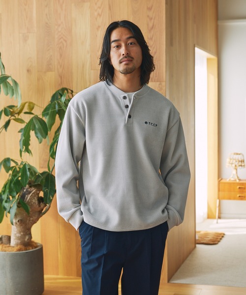 PEARLYGATESリブワッフルボタンダウンプルオーバーサイズ4 セール】モールワッフル ビッグシルエット ヘンリーネックスウェット