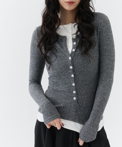 NUJOH(ヌゾ)の「Layered Rib Henley Tee / レイヤードリブヘンリーティー(Tシャツ/カットソー・レディース・グレー/チャコールグレー/ブラック・FREE)」の13枚目の写真