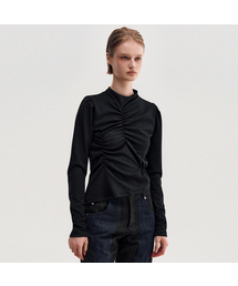 Shirring Draped Highneck Top _ BLACK