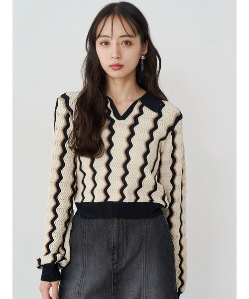 MURUA（ムルーア）の「ウェーブパターンリブニット（ニット/セーター・レディース・アイボリー/ブルー/ミント・FREE）」の5枚目の写真