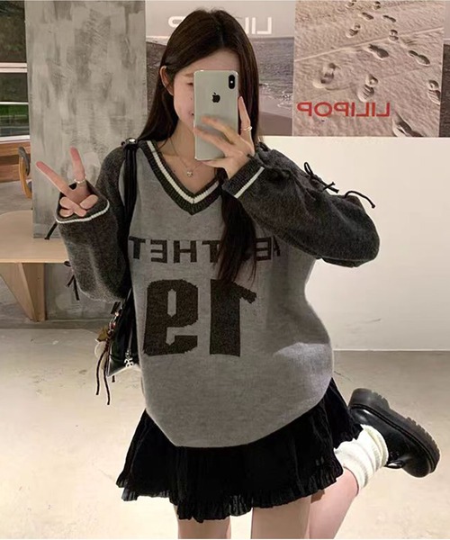 AsheKsha(アシクシャ)の「アメリカンスタイルの蝶結びニットセーター(ニット/セーター・レディース・ブラック/グレー・M)」の20枚目の写真