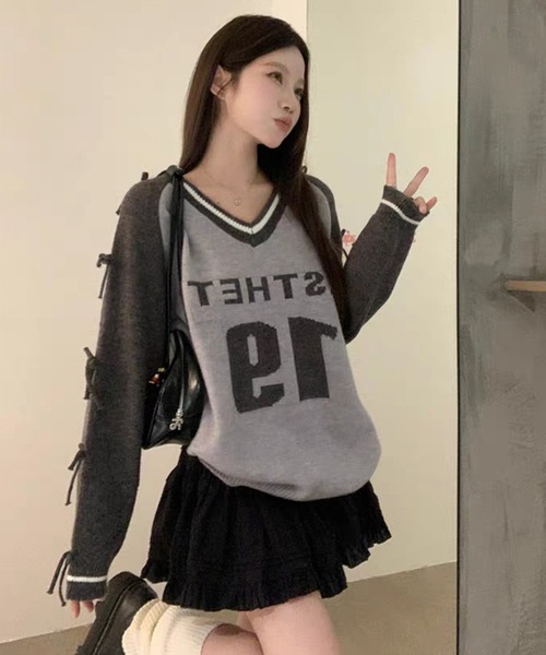AsheKsha(アシクシャ)の「アメリカンスタイルの蝶結びニットセーター(ニット/セーター・レディース・ブラック/グレー・M)」の21枚目の写真