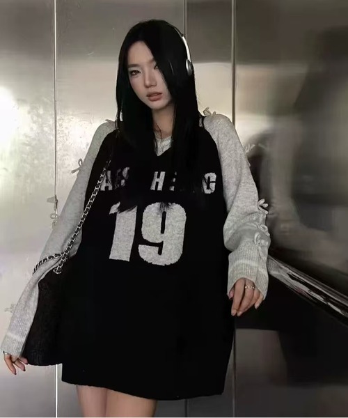 AsheKsha(アシクシャ)の「アメリカンスタイルの蝶結びニットセーター(ニット/セーター・レディース・ブラック/グレー・M)」の8枚目の写真