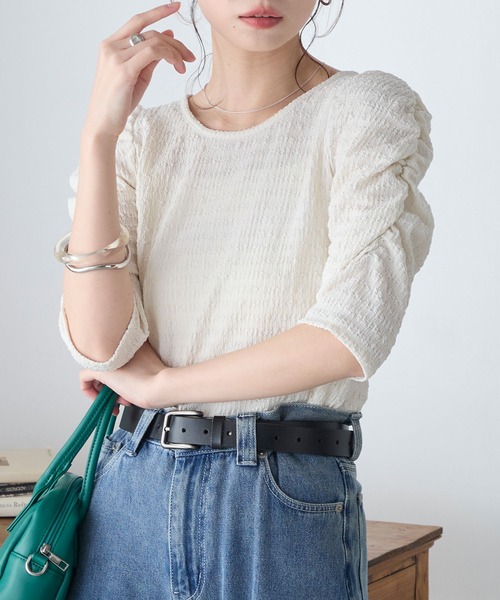 BONLECILL（ボンルシール）の「2wayカットジャガード袖シャーリングT（Tシャツ/カットソー・レディース・ミント/ブラック/アイボリー/ピンク/グレー/ブルー/クリーム・FREE）」の17枚目の写真