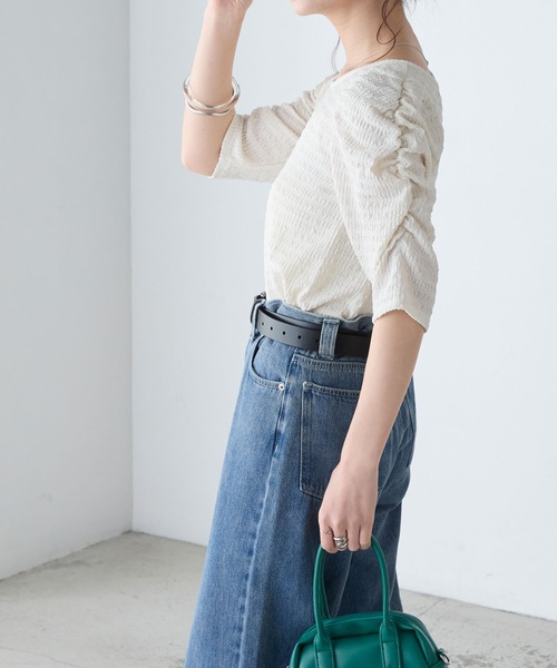 BONLECILL（ボンルシール）の「2wayカットジャガード袖シャーリングT（Tシャツ/カットソー・レディース・ミント/ブラック/アイボリー/ピンク/グレー/ブルー/クリーム・FREE）」の20枚目の写真