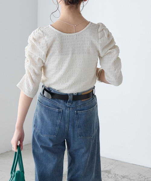 BONLECILL（ボンルシール）の「2wayカットジャガード袖シャーリングT（Tシャツ/カットソー・レディース・ミント/ブラック/アイボリー/ピンク/グレー/ブルー/クリーム・FREE）」の21枚目の写真