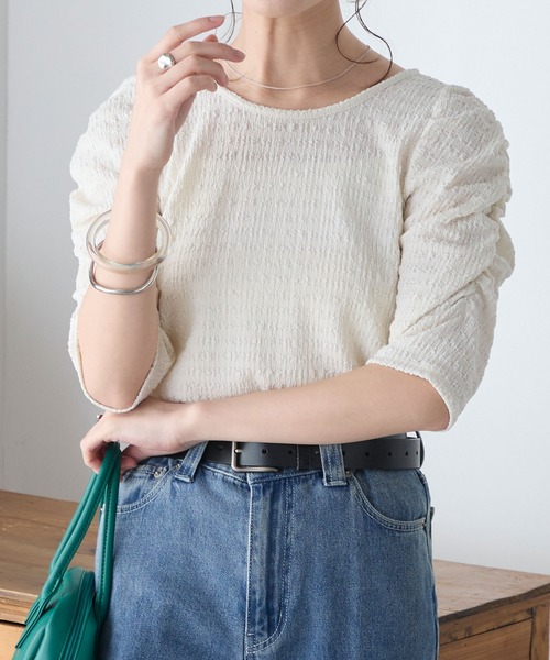 BONLECILL（ボンルシール）の「2wayカットジャガード袖シャーリングT（Tシャツ/カットソー・レディース・ミント/ブラック/アイボリー/ピンク/グレー/ブルー/クリーム・FREE）」の22枚目の写真