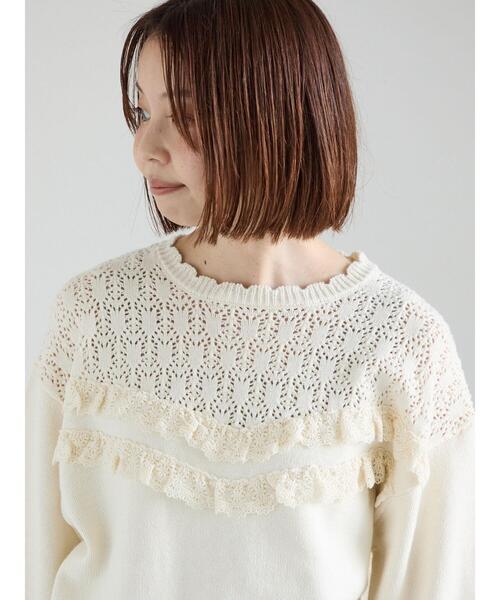 Samansa Mos2（サマンサ モスモス）の「透かし柄切替レースニット（ニット/セーター・レディース・グレー/オフホワイト/ダークブラウン・F）」の10枚目の写真