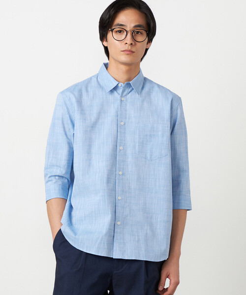 COMME CA ISM（コムサイズム）の「コットンリネンシャンブレー 7分袖シャツ（シャツ/ブラウス・メンズ・ミント/ネイビー/ピンク/ホワイト/ブルー・LARGE/MEDIUM）」の4枚目の写真