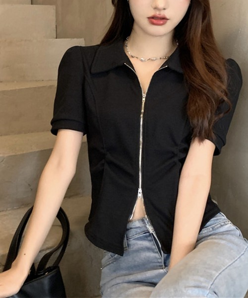GLAMOROUS JANE(グラマラスジェーン)の「ダブルジップ半袖トップス(Tシャツ/カットソー・レディース・ブラック/グレー・FREE)」の2枚目の写真