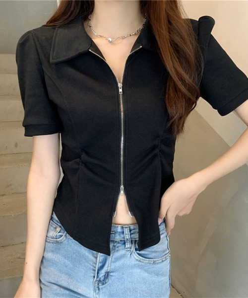 GLAMOROUS JANE(グラマラスジェーン)の「ダブルジップ半袖トップス(Tシャツ/カットソー・レディース・ブラック/グレー・FREE)」の7枚目の写真