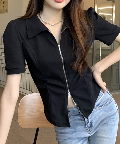 GLAMOROUS JANE(グラマラスジェーン)の「ダブルジップ半袖トップス(Tシャツ/カットソー・レディース・ブラック/グレー・FREE)」の8枚目の写真