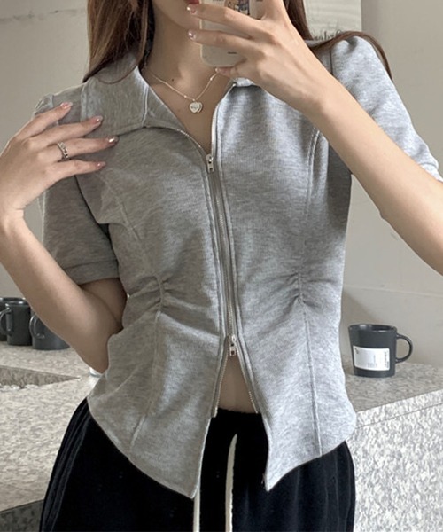 GLAMOROUS JANE(グラマラスジェーン)の「ダブルジップ半袖トップス(Tシャツ/カットソー・レディース・ブラック/グレー・FREE)」の10枚目の写真