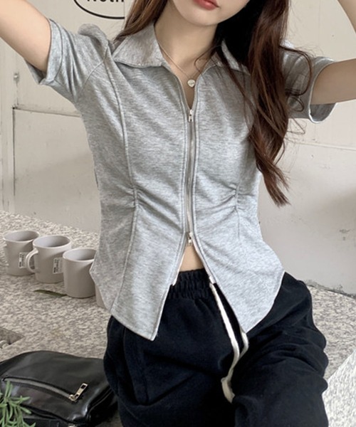 GLAMOROUS JANE(グラマラスジェーン)の「ダブルジップ半袖トップス(Tシャツ/カットソー・レディース・ブラック/グレー・FREE)」の11枚目の写真