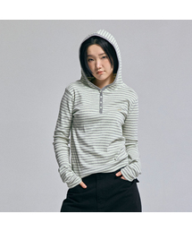 ストライプボタンフードTシャツメランジグレー
