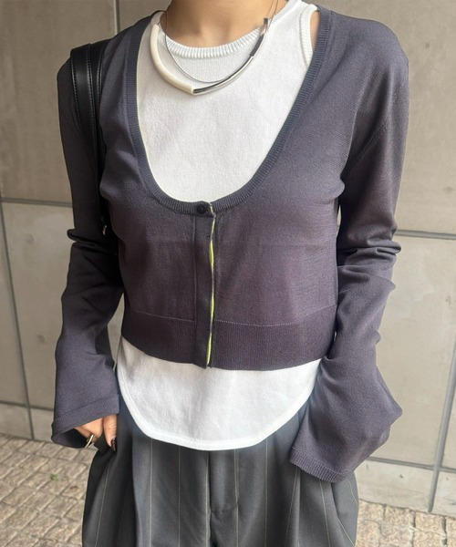 Ameri（アメリ）の「LOW BASIC SHORT KNIT CARDIGAN（カーディガン/ボレロ・レディース・ベージュ/ブラック/グレー/グリーン系その他・FREE）」の2枚目の写真