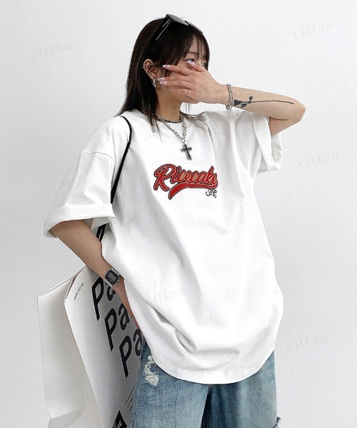 Dalfwin（ダールフィン）の「韓国ファッション Ricecakeレトロ刺繍ロゴ半袖Tシャツ（Tシャツ/カットソー・レディース・ブラック/ホワイト・FREE）」の19枚目の写真