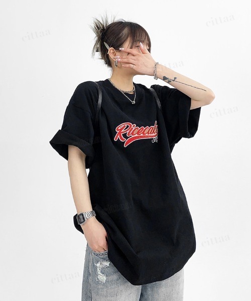 Dalfwin（ダールフィン）の「韓国ファッション Ricecakeレトロ刺繍ロゴ半袖Tシャツ（Tシャツ/カットソー・レディース・ブラック/ホワイト・FREE）」の12枚目の写真