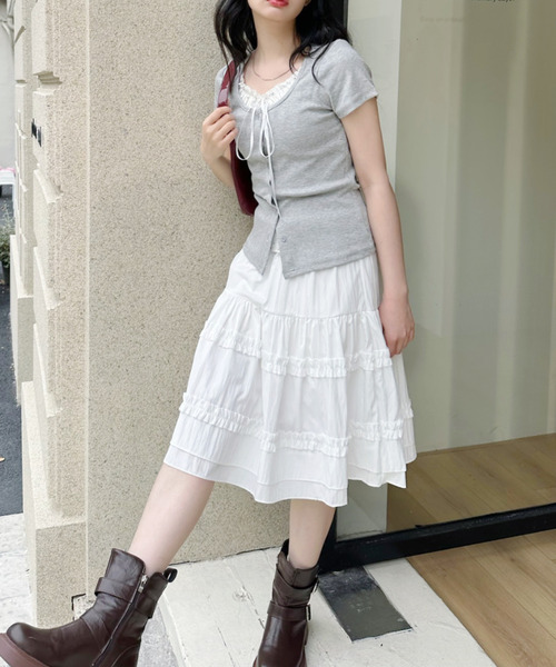 Ada.(エイダ)の「レイヤードデザインドットフリルリボン付き カットソー(Tシャツ/カットソー・レディース・ホワイト/ネイビー/グレー/ブルー・FREE)」の5枚目の写真