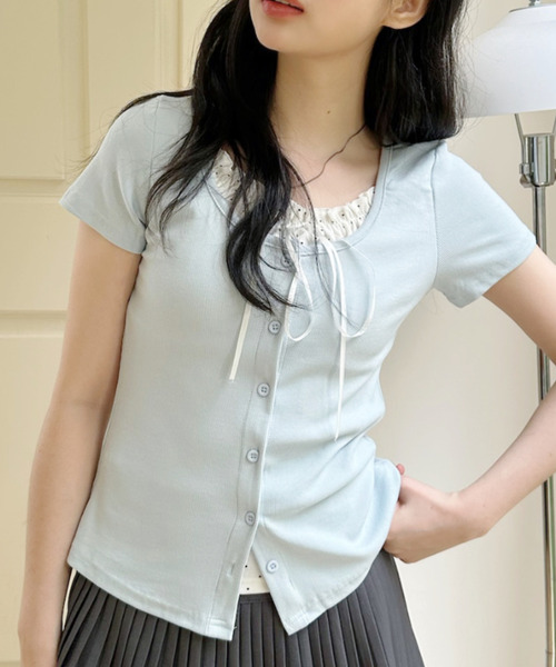 Ada.(エイダ)の「レイヤードデザインドットフリルリボン付き カットソー(Tシャツ/カットソー・レディース・ホワイト/ネイビー/グレー/ブルー・FREE)」の14枚目の写真