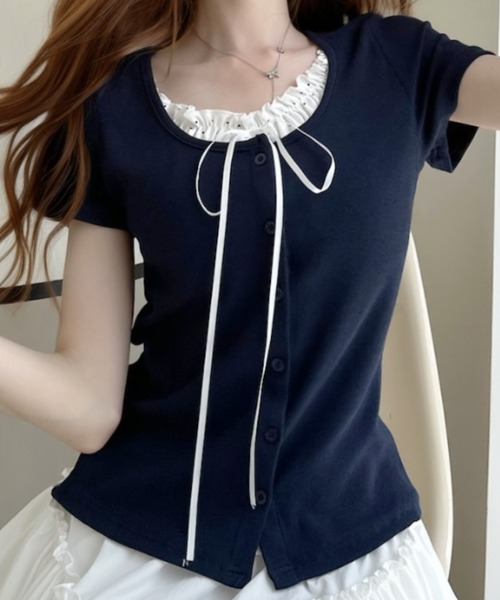 Ada.(エイダ)の「レイヤードデザインドットフリルリボン付き カットソー(Tシャツ/カットソー・レディース・ホワイト/ネイビー/グレー/ブルー・FREE)」の6枚目の写真