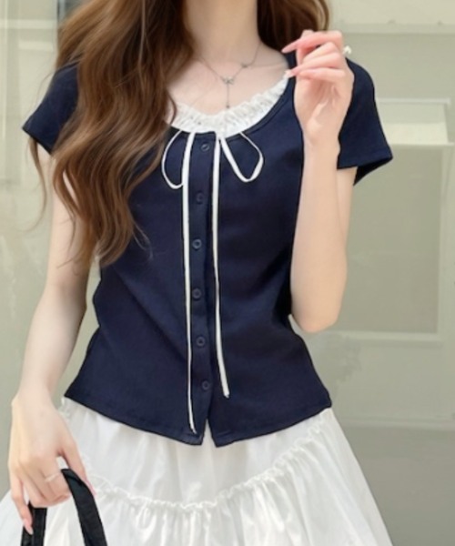 Ada.(エイダ)の「レイヤードデザインドットフリルリボン付き カットソー(Tシャツ/カットソー・レディース・ホワイト/ネイビー/グレー/ブルー・FREE)」の10枚目の写真