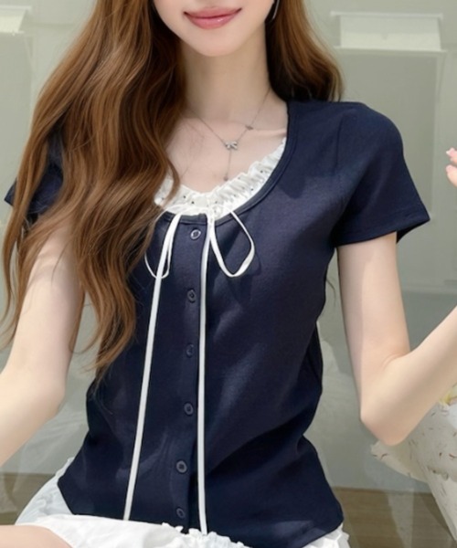 Ada.(エイダ)の「レイヤードデザインドットフリルリボン付き カットソー(Tシャツ/カットソー・レディース・ホワイト/ネイビー/グレー/ブルー・FREE)」の11枚目の写真