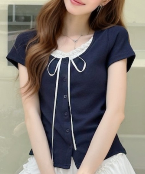 Ada.(エイダ)の「レイヤードデザインドットフリルリボン付き カットソー(Tシャツ/カットソー・レディース・ホワイト/ネイビー/グレー/ブルー・FREE)」の12枚目の写真