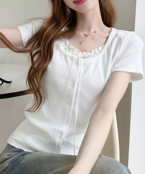 Ada.(エイダ)の「レイヤードデザインドットフリルリボン付き カットソー(Tシャツ/カットソー・レディース・ホワイト/ネイビー/グレー/ブルー・FREE)」の19枚目の写真