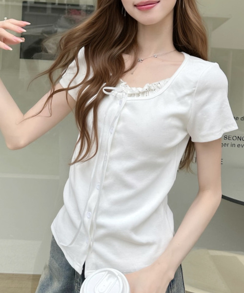 Ada.(エイダ)の「レイヤードデザインドットフリルリボン付き カットソー(Tシャツ/カットソー・レディース・ホワイト/ネイビー/グレー/ブルー・FREE)」の22枚目の写真