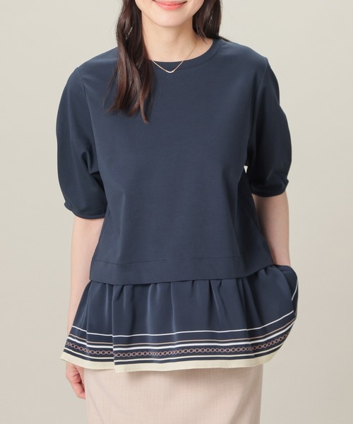 GLACIER lusso（グラシアルッソ）の「【美冷・接触冷感・ＵＶカット・遮熱】裾スカーフ柄レイヤード風トップス（Tシャツ/カットソー・レディース・グリーン/ネイビー/グレイッシュベージュ・S/L/M/LL）」の3枚目の写真