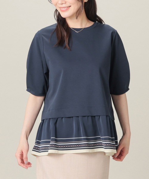 GLACIER lusso（グラシアルッソ）の「【美冷・接触冷感・ＵＶカット・遮熱】裾スカーフ柄レイヤード風トップス（Tシャツ/カットソー・レディース・グリーン/ネイビー/グレイッシュベージュ・S/L/M/LL）」の8枚目の写真