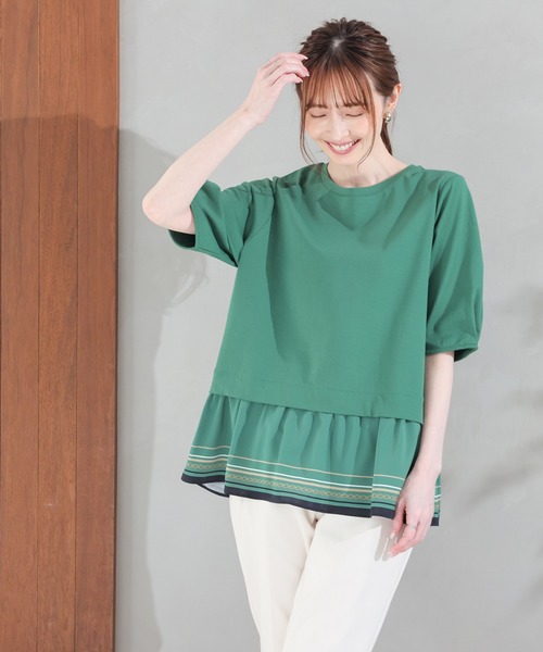 GLACIER lusso（グラシアルッソ）の「【美冷・接触冷感・ＵＶカット・遮熱】裾スカーフ柄レイヤード風トップス（Tシャツ/カットソー・レディース・グリーン/ネイビー/グレイッシュベージュ・S/L/M/LL）」の12枚目の写真