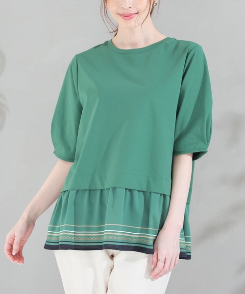 GLACIER lusso（グラシアルッソ）の「【美冷・接触冷感・ＵＶカット・遮熱】裾スカーフ柄レイヤード風トップス（Tシャツ/カットソー・レディース・グリーン/ネイビー/グレイッシュベージュ・S/L/M/LL）」の13枚目の写真