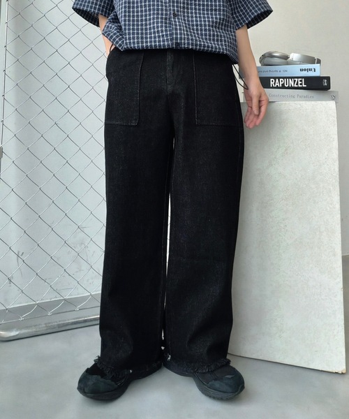 UNDERSTATEMENTs(アンダーステイトメント)の「【ユニセックス】フリンジワイドデニムベイカーパンツ/ベイカーストレートパンツ(デニムパンツ・メンズ・ブラック/ブルー/インディゴブルー・SMALL/MEDIUM/LARGE)」の5枚目の写真