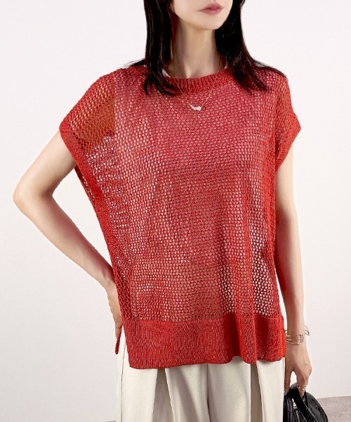 CLOTHY(クロシィ)の「【ラフに着こなす、夏の軽やかニット】ルーズメッシュニットトップス(ベスト・レディース・ブラウン/グレー/レッド/グリーン・FREE)」の6枚目の写真
