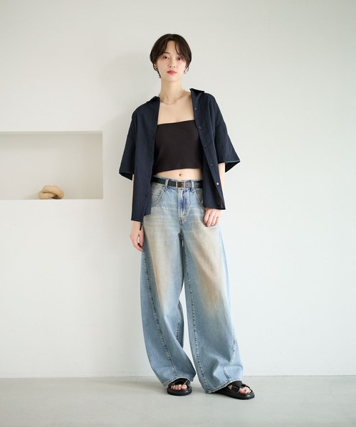 BAYFLOW（ベイフロー）の「[サイドリボン付き]ドビーストライプシャーリングシャツ（シャツ/ブラウス・レディース・オフホワイト/ネイビー/ベージュ/ライトブルー・FREE）」の5枚目の写真