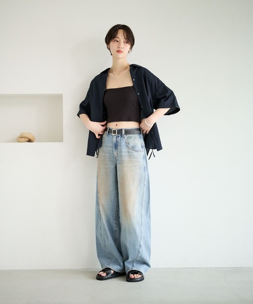 BAYFLOW（ベイフロー）の「[サイドリボン付き]ドビーストライプシャーリングシャツ（シャツ/ブラウス・レディース・オフホワイト/ネイビー/ベージュ/ライトブルー・FREE）」の6枚目の写真