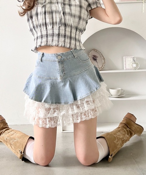 Loueme(ルエム)の「レースティアードデニムミニスカパン(デニムスカート・レディース・ライトブルー・S/M)」の2枚目の写真