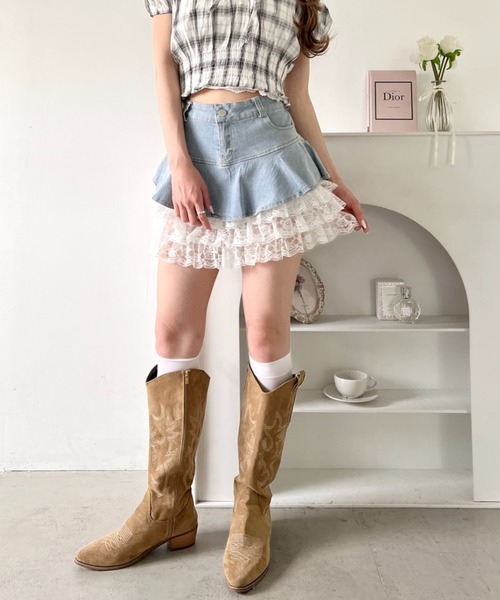 Loueme(ルエム)の「レースティアードデニムミニスカパン(デニムスカート・レディース・ライトブルー・S/M)」の8枚目の写真