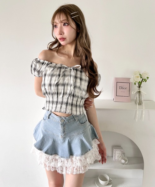 Loueme(ルエム)の「レースティアードデニムミニスカパン(デニムスカート・レディース・ライトブルー・S/M)」の4枚目の写真