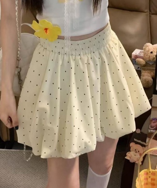 Teem Store（チームストア）の「【インパン付き】ドット柄バルーンミニスカート　ブラック　アイボリー（スカート・レディース・ブラック・M/S）」の2枚目の写真