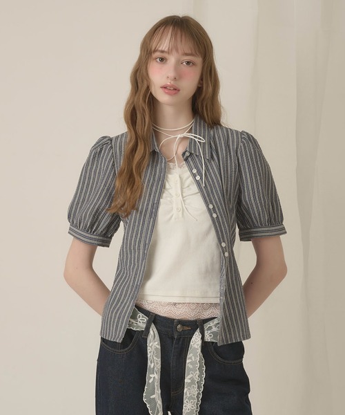 hazyl(ヘイジル)の「W button puff sleeves shirt / ダブルボタンパフスリーブシャツ(シャツ/ブラウス・レディース・ホワイト/ネイビー・フリー)」の21枚目の写真