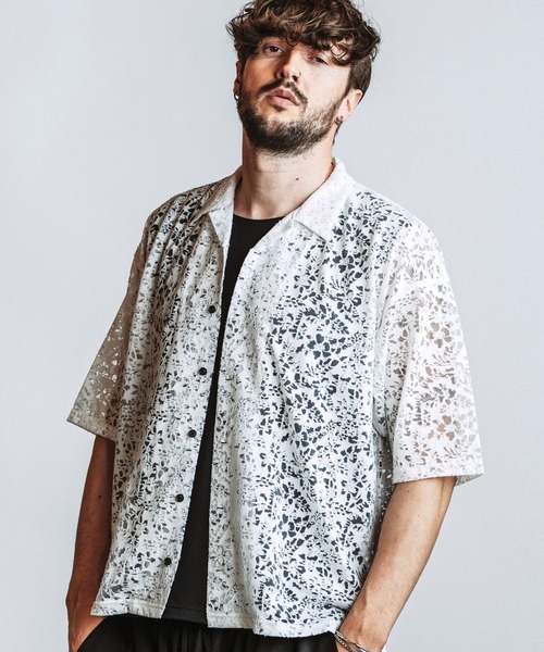 NO ID.（ノーアイディ）の「【NO ID.】Sheer Open Collar BIG Shirt / シアー オープンカラー ビッグ シャツ（シャツ/ブラウス・メンズ・ブラック/ホワイト・ONE SIZE）」の2枚目の写真