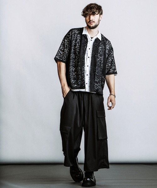 NO ID.（ノーアイディ）の「【NO ID.】Sheer Open Collar BIG Shirt / シアー オープンカラー ビッグ シャツ（シャツ/ブラウス・メンズ・ブラック/ホワイト・ONE SIZE）」の18枚目の写真