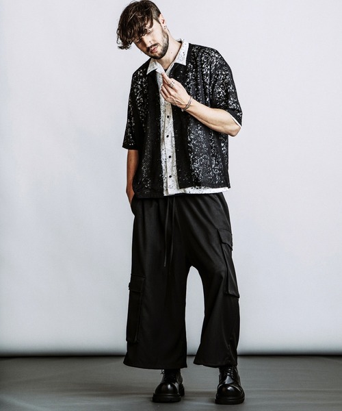 NO ID.（ノーアイディ）の「【NO ID.】Sheer Open Collar BIG Shirt / シアー オープンカラー ビッグ シャツ（シャツ/ブラウス・メンズ・ブラック/ホワイト・ONE SIZE）」の20枚目の写真