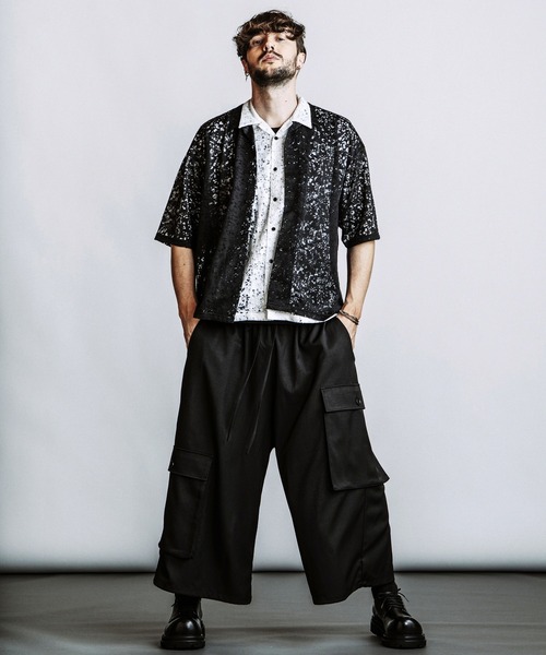 NO ID.（ノーアイディ）の「【NO ID.】Sheer Open Collar BIG Shirt / シアー オープンカラー ビッグ シャツ（シャツ/ブラウス・メンズ・ブラック/ホワイト・ONE SIZE）」の19枚目の写真