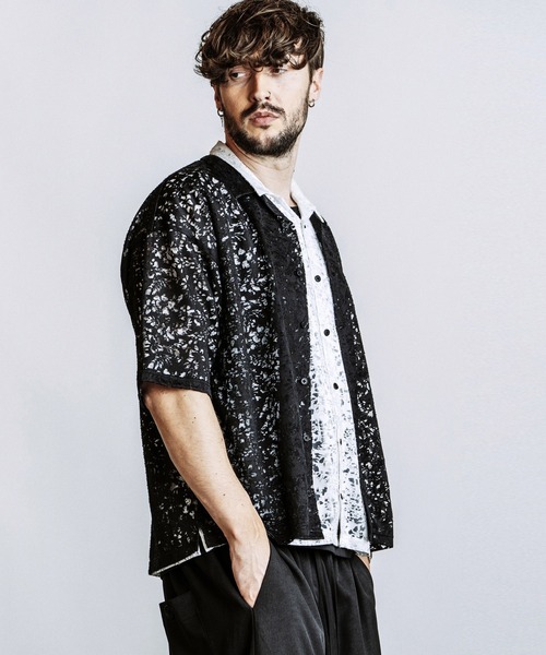 NO ID.（ノーアイディ）の「【NO ID.】Sheer Open Collar BIG Shirt / シアー オープンカラー ビッグ シャツ（シャツ/ブラウス・メンズ・ブラック/ホワイト・ONE SIZE）」の16枚目の写真